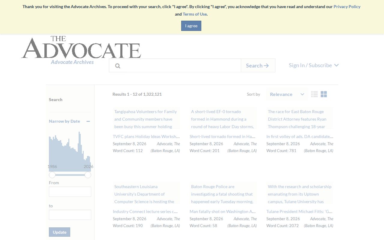 NewsBank search interface for The Advocate archive