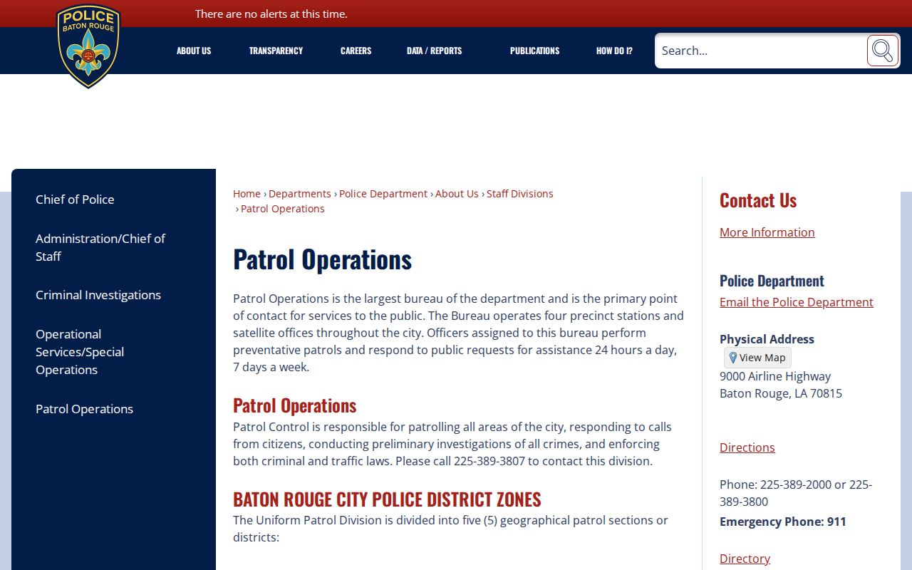 Baton Rouge Police Patrol Operations page describing prisoner processing and booking