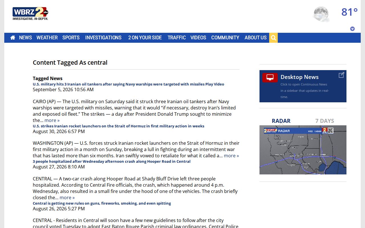 WBRZ Central tag page showing selected news coverage for Central Louisiana
