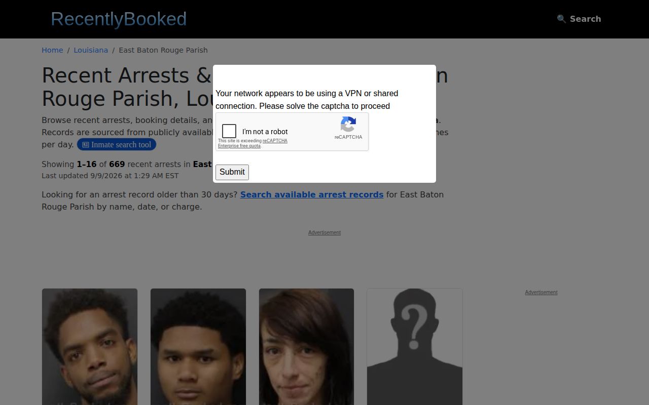 RecentlyBooked East Baton Rouge Parish unofficial booking page
