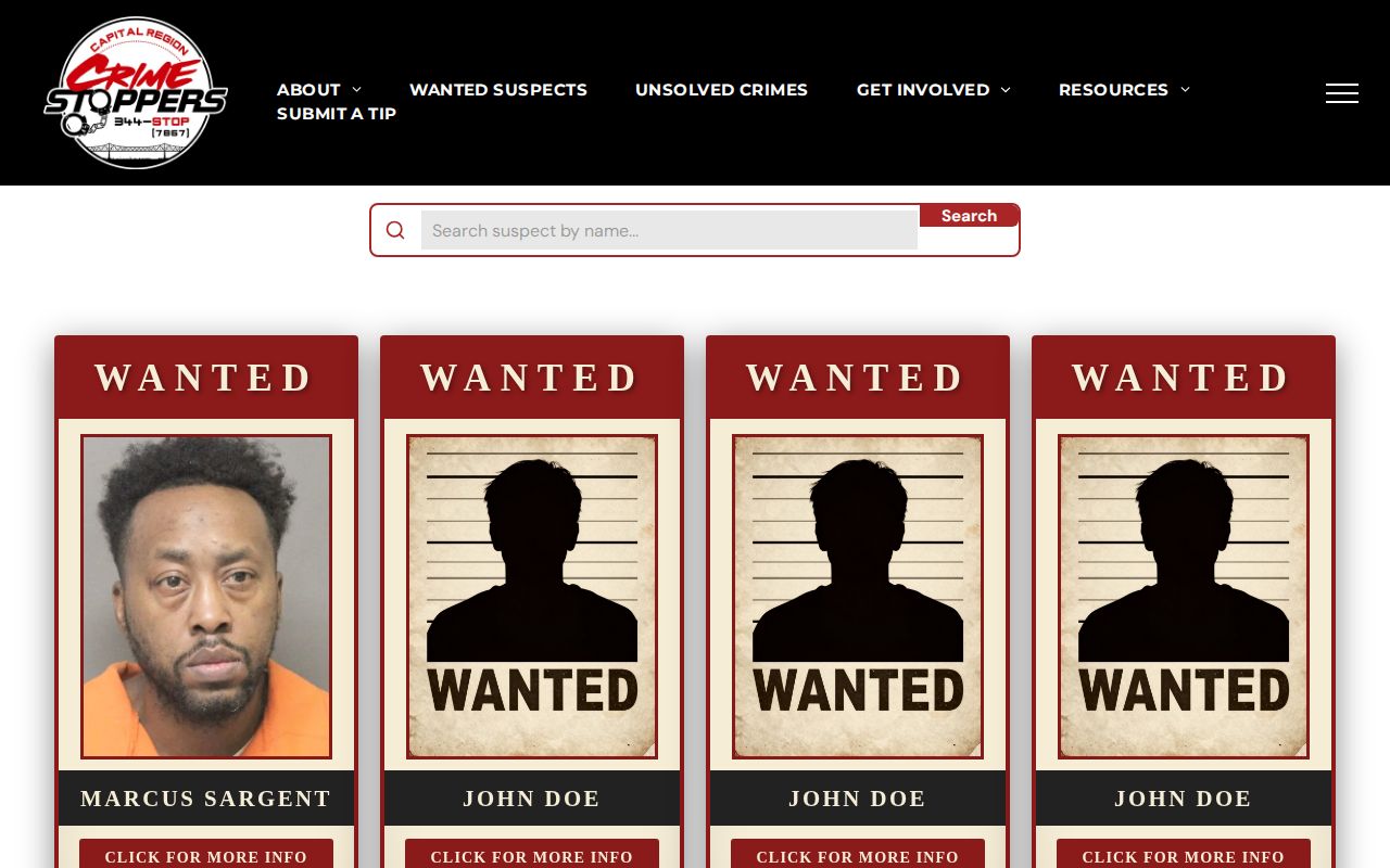 Capital Region Crime Stoppers wanted suspects interface